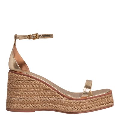 Sandália Espadrille Anabela Couro Metalizada Dourada