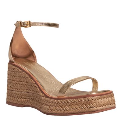 Sandália Espadrille Anabela Couro Metalizada Dourada