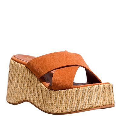 Tamanco Plataforma Couro Camurça Caramelo