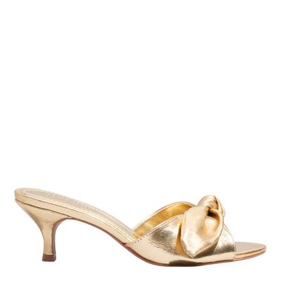 Mule Metalizado Salto Baixo Fino Bege Laço