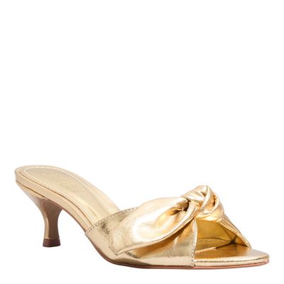 Mule Metalizado Salto Baixo Fino Bege Laço