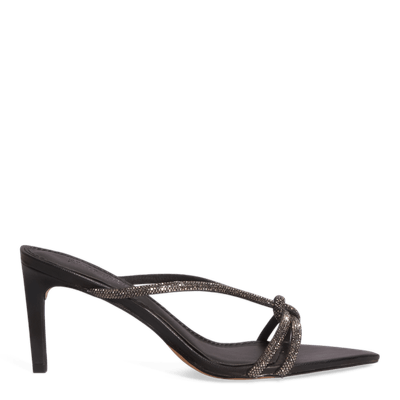 Mule Bico Folha Strass Brilhante Salto Fino Preto