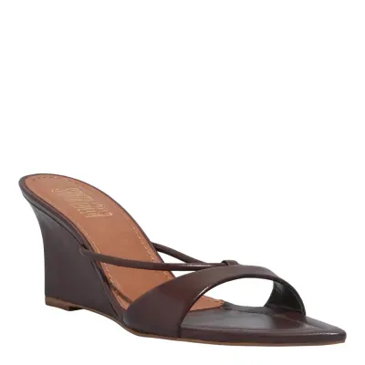 Mule Couro Pelica Soft Marrom Dark Salto Anabela Bico Fino