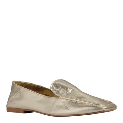 Mocassim Couro Metalizado Dourado Bico Quadrado