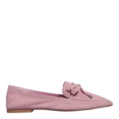 Mocassim Couro Camurça Rosa Bico Quadrado Laço
