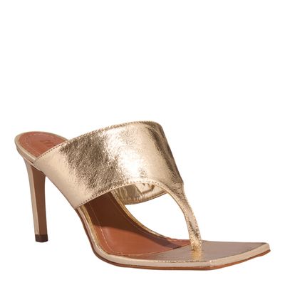 Mule Metalizado Couro Bico Quadrado Salto Fino Dourado