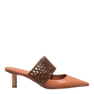 Mule Shiny Couro Confort Salto Baixo Marrom