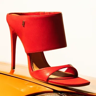 Mule Meia Pata Couro Pelica Vermelho Salto Fino