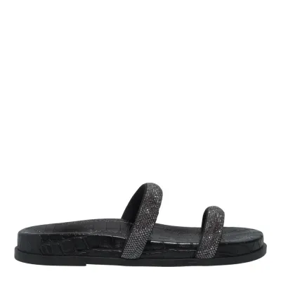 Papete Croco Tiras Strass Brilho Preta