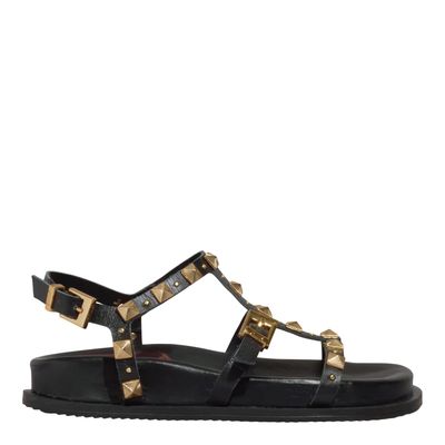 Papete Couro Confort Preta Tiras Spikes