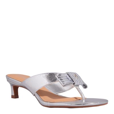 Mule Laço Metalizado Salto Fino Baixo Prata