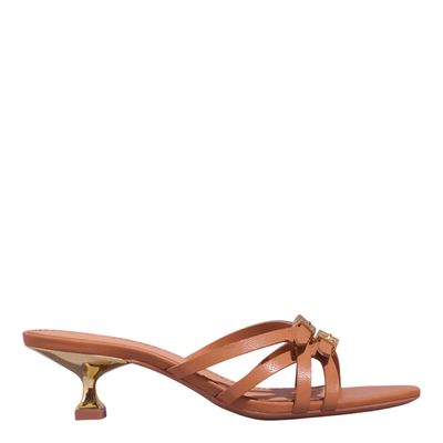 Mule Couro Bege Salto Taça Dourado