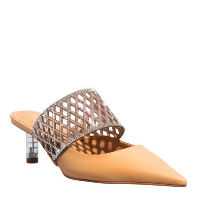 Mule Shiny Couro Confort Salto Baixo Bege