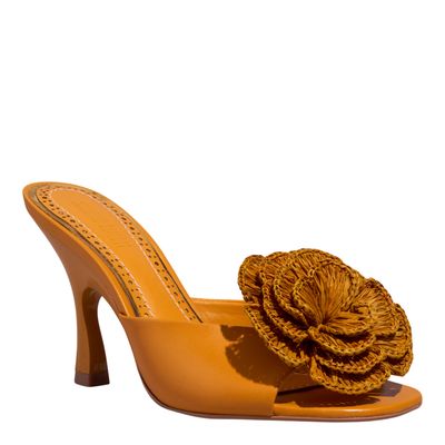 Mule Flor Ráfia Salto Fino Amarelo Mostarda