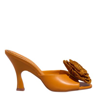 Mule Flor Ráfia Salto Fino Amarelo Mostarda