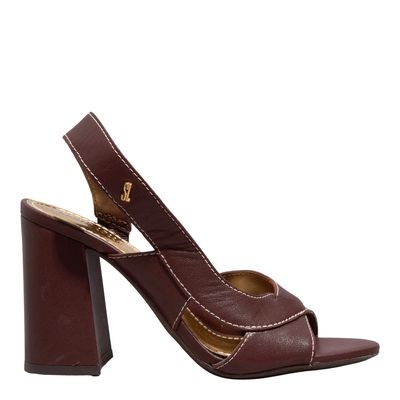 Peep Toe Couro Pelica Salto Alto Marrom Dark Pespontos