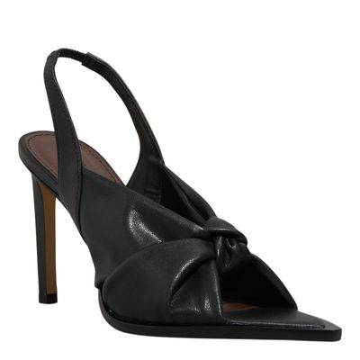 Peep Toe Slingback Couro Bico Folha Preto
