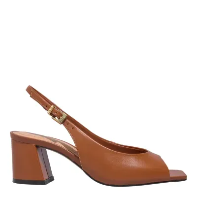 Sandália Peep Toe Couro Salto Grosso Caramelo