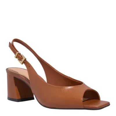 Sandália Peep Toe Couro Salto Grosso Caramelo