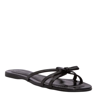 Rasteira Flat Preta Verniz Glossy Tiras Laço