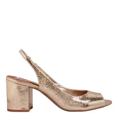 Peep Toe Slingback Couro Metalizado Salto Grosso Dourado