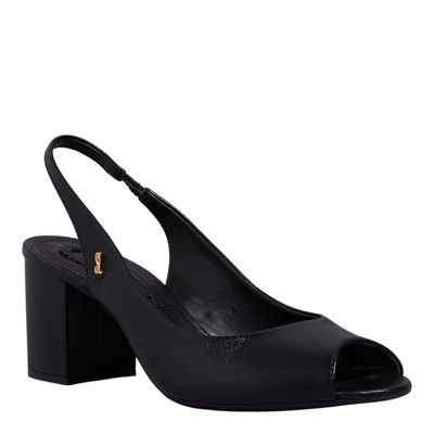 Peep Toe Slingback Couro Preto Salto Grosso