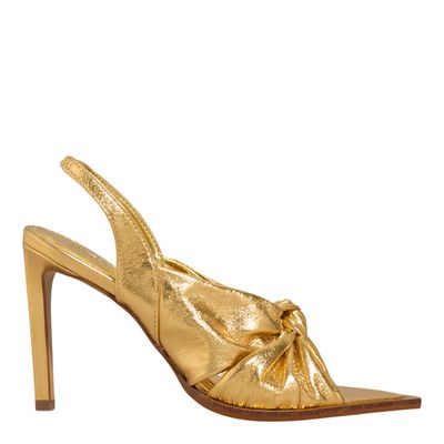 Peep Toe Slingback Couro Metalizado Bico Folha Dourado