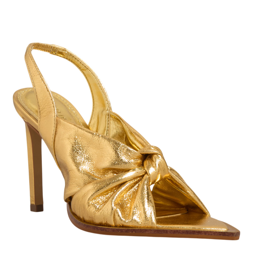 Peep Toe Slingback Couro Metalizado Bico Folha Dourado - Santa Lolla
