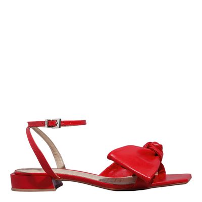 Rasteira Couro Vermelho Bico Quadrado Laço