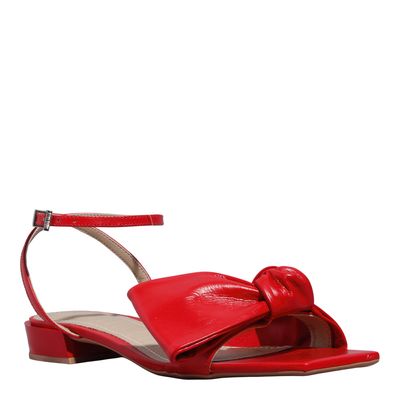 Rasteira Couro Vermelho Bico Quadrado Laço