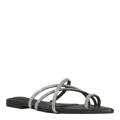 Rasteira Bico Folha Napa Brilho Strass Preta