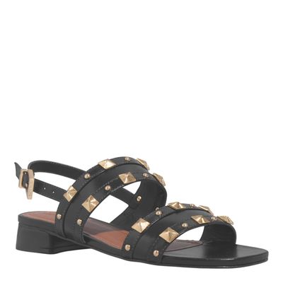 Rasteira Couro Preta Salto Baixo Spikes