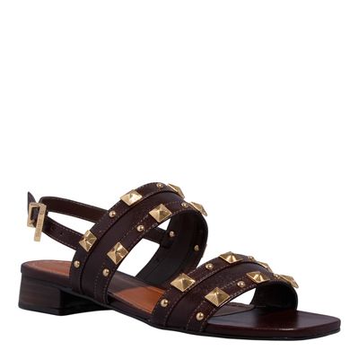 Rasteira Couro Marrom Salto Baixo Spikes