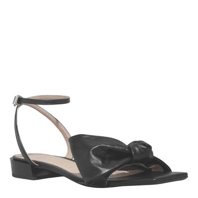 Rasteira Couro Preta Bico Quadrado Laço