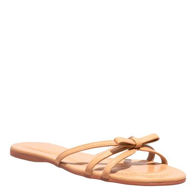 Rasteira Flat Verniz Glossy Tiras Laço Bege