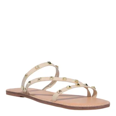 Rasteira Tiras Spikes Verniz Bege