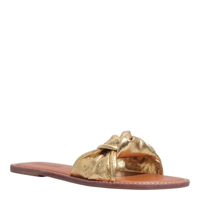 Rasteira Couro Metalizado Dourada Tira Nó