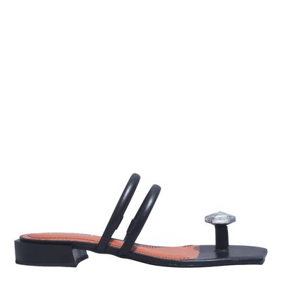 Rasteira Couro Confort Preto Bico Quadrado