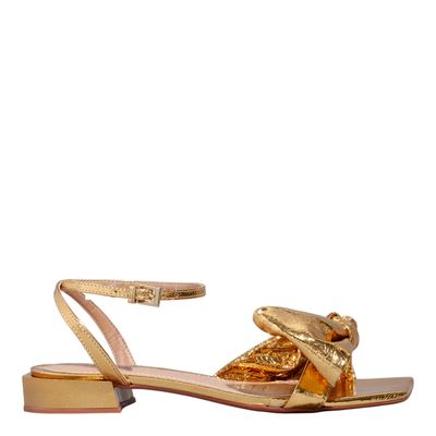 Rasteira Metalizada Dourada Bico Quadrado Laço