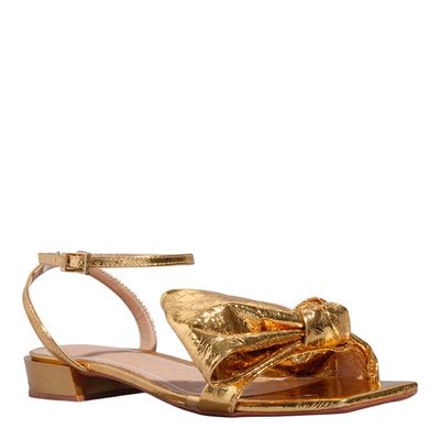 Rasteira Metalizada Dourada Bico Quadrado Laço