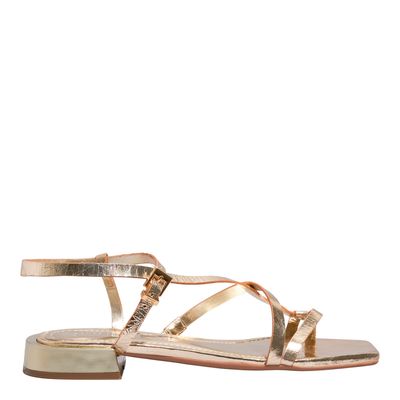 Rasteira Couro Metalizado Dourada Bico Quadrado