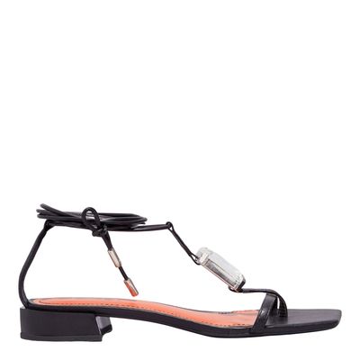 Rasteira Napa Preta Pedraria Amarração Bico Quadrado