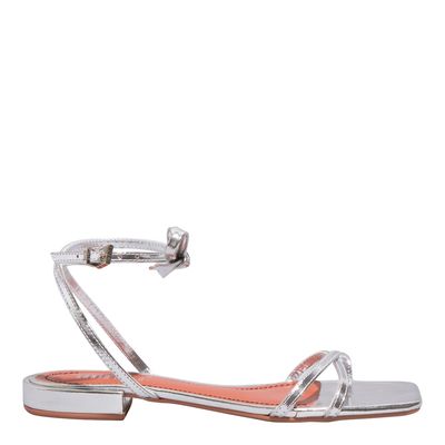 Sandália Rasteira Metalizada Prata Bico Quadrado Laço