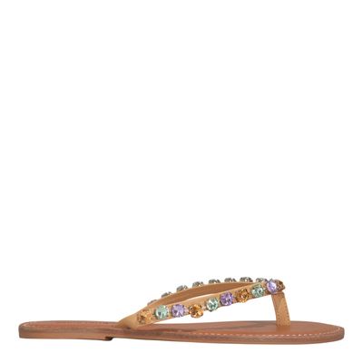 Rasteira Napa Tira Fina Pedrarias Bege