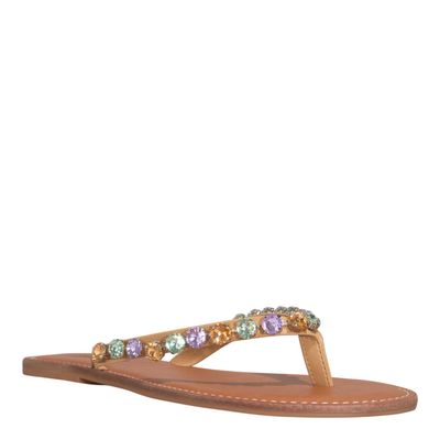 Rasteira Napa Tira Fina Pedrarias Bege