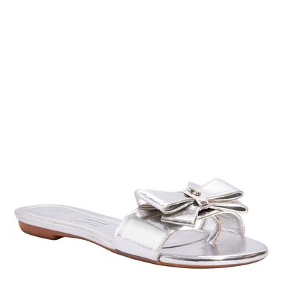 Rasteira Flat Metalizada Prata Laço