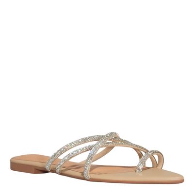 Rasteira Bico Folha Brilho Strass Bege