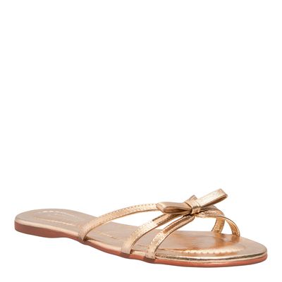 Rasteira Flat Metalizada Tiras Laço Dourado