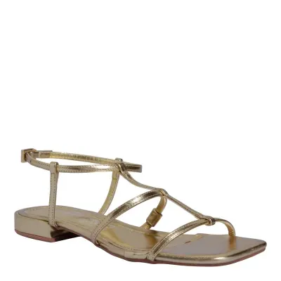 Sandália Rasteira Metalizada Dourada Bico Quadrado