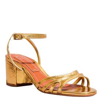 Sandália Couro Metalizado Salto Bloco Dourado